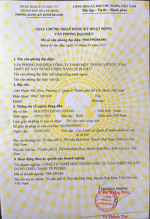 Mẫu giấy chứng nhận đăng ký văn phòng đại diện