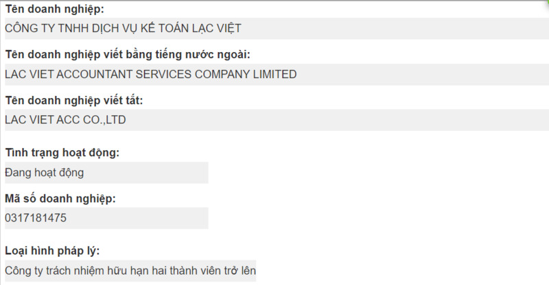 Thông tin doanh nghiệp hiện ra khi tra cứu giấy phép kinh doanh