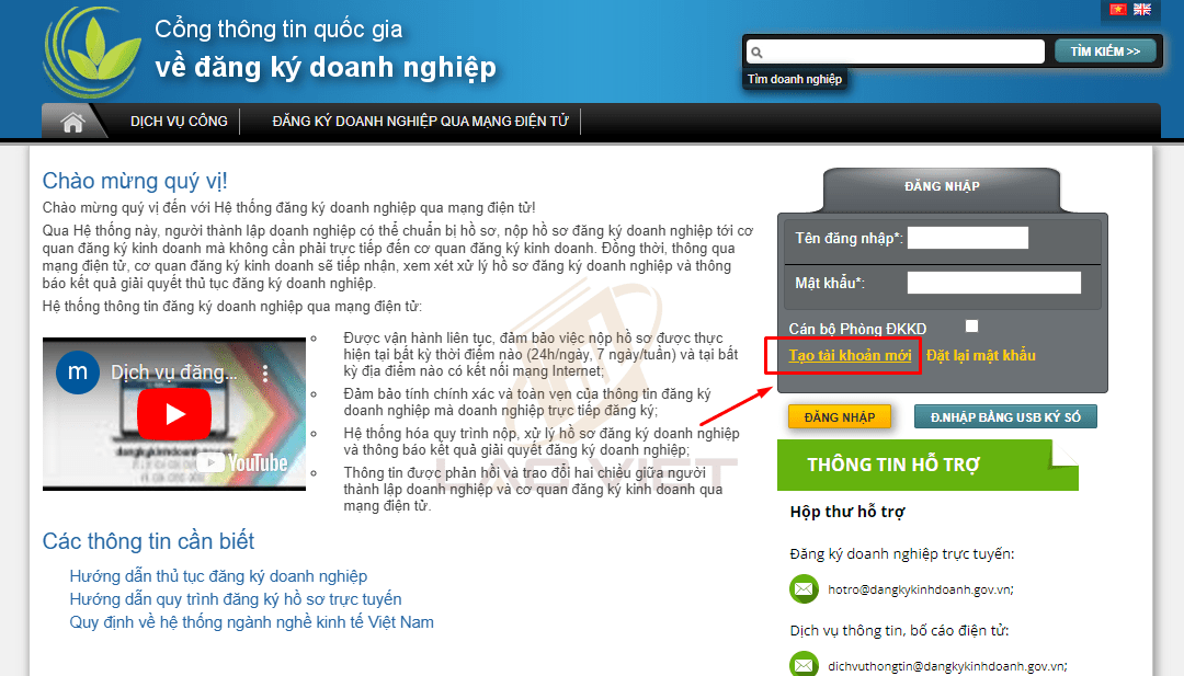 tạo tài khoản đăng ký kinh doanh online
