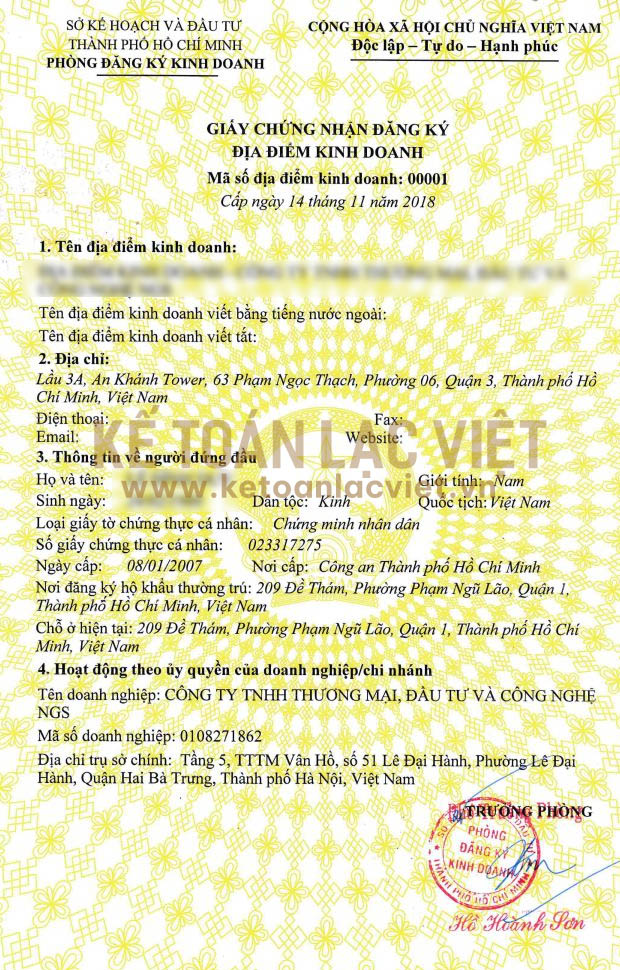 Giấy chứng nhận đăng ký địa điểm kinh doanh