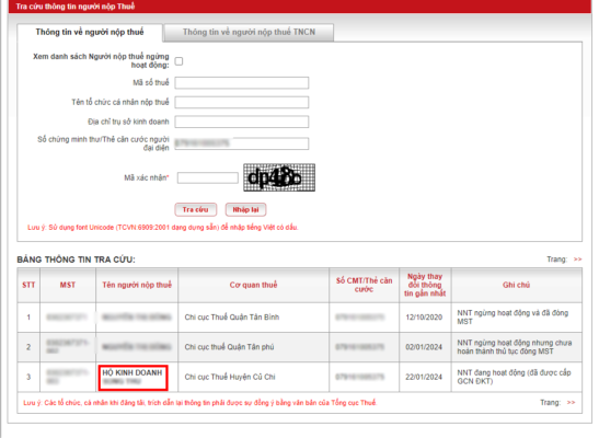 Thông tin Hộ kinh doanh đã được thành lập