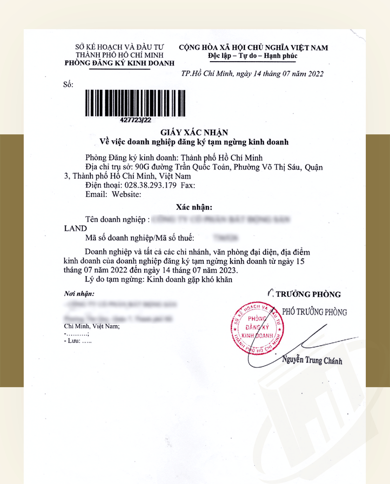 giấy xác nhận tạm ngừng kinh doanh