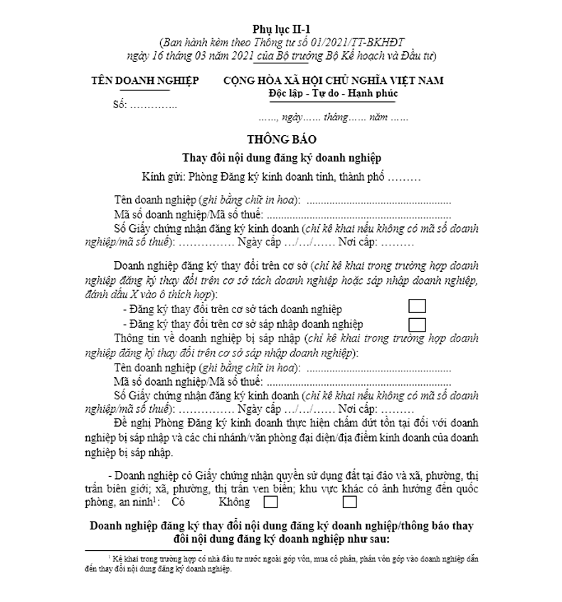 mẫu thông báo thay đổi nội dung đăng ký doanh nghiệp