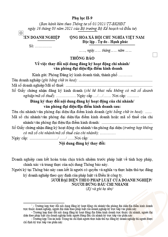 thông báo thay đổi nội dung đăng ký địa điểm kinh doanh