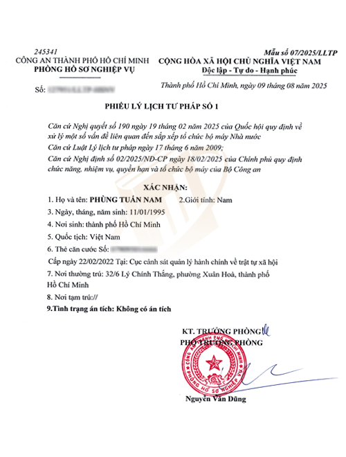 mẫu phiếu lý lịch tư pháp số 1