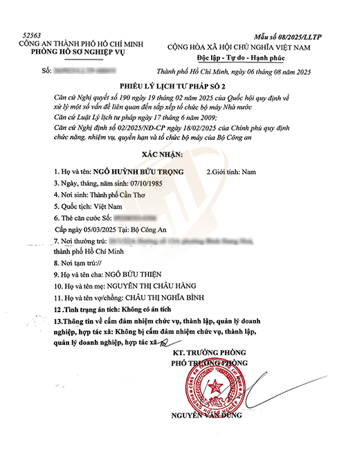 mẫu phiếu lý lịch tư pháp số 2