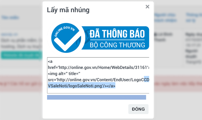 mã nhúng thông báo website Bộ Công Thương