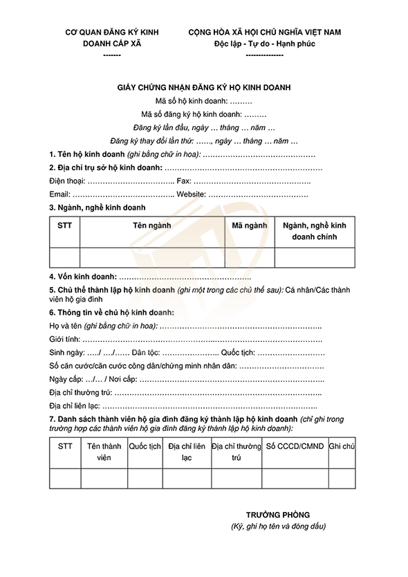 mẫu giấy chứng nhận đăng ký hộ kinh doanh