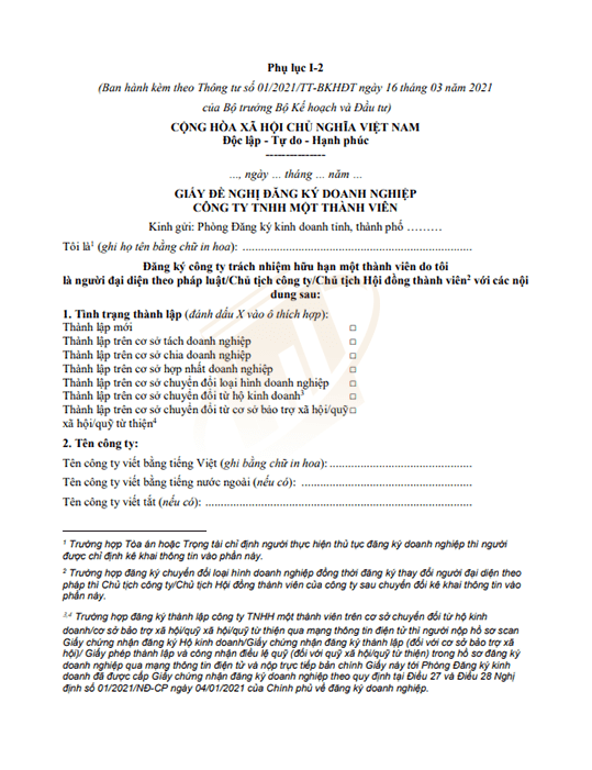 mẫu giấy đề nghị đăng ký công ty tnhh 1 thành viên