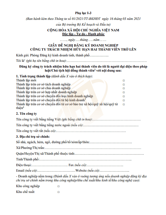 giấy đề nghị đăng ký công ty tnhh 2 thành viên trở lên