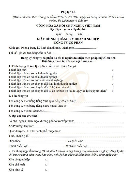 giấy đề nghị đăng ký công ty cổ phần