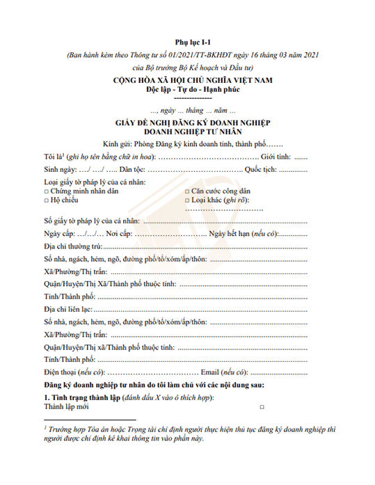mẫu giấy đề nghị đăng ký doanh nghiệp tư nhân